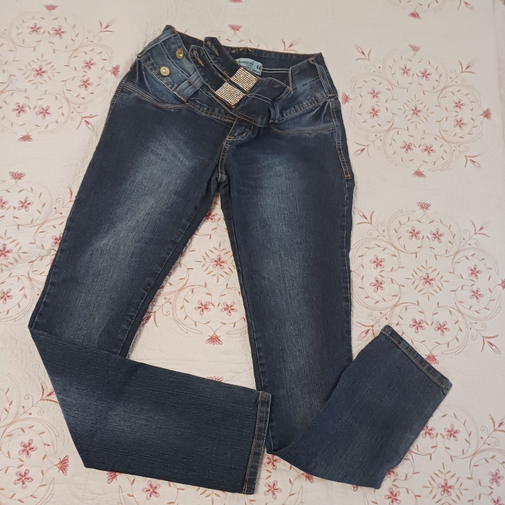 Bling Sparkle Jeans Brazilian  Size 44 Faux Belt Stretch